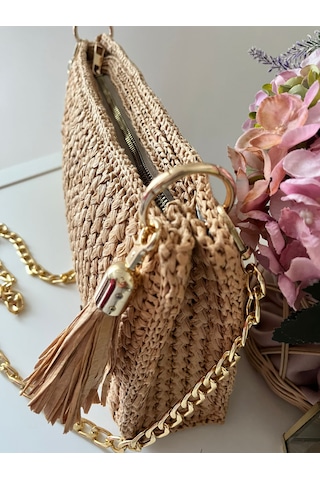 El Yapımı Örgü Kağıt İp Kadın Clutch Çanta Zincir Askılı Bej