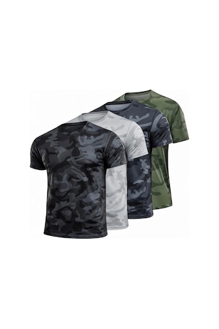 Serablanka 4'lü Erkek Nem Emici Hızlı Kuruma Atletik Teknik Kamuflaj Desenli Spor T-shirt Siyah-gri-lacivert-haki