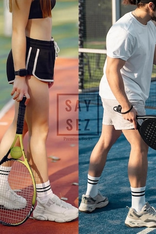 Saysez Bambu Unisex Tenis Kolej Çizgili Siyah-beyaz-kırmızı Premium Dikişsiz Soket Çorap 3'lü Paket Siyah