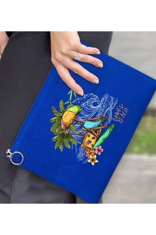 Bk Gift Yaz Temalı-9 Astarlı Mavi Portföy Çanta 30x21cm, Baskılı El Çantası, Organizer Çanta