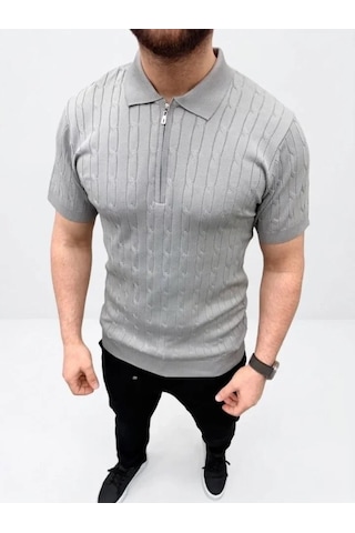 Vexor Erkek Yazlık Triko Saç Örgü Tişört Kısa Kol Polo Yaka Fermuarlı T-shirt - Gri