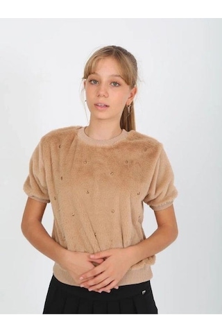 Kız Çocuk Peluş Taş Detaylı Kısa Kollu Kazak-14822 Kahverengi