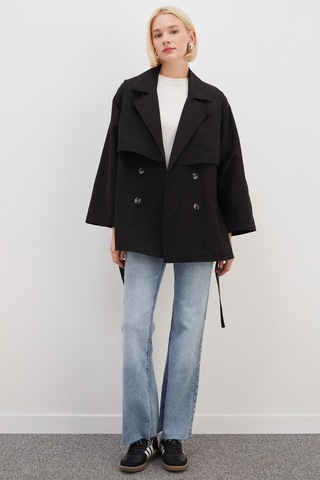 Fullamoda Pelerinli Kuşaklı Geniş Kol Oversize Trençkot Siyah