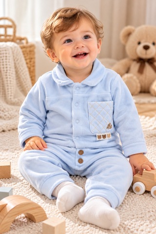Uğur Bebe Kadife Erkek Bebek Önden Çıtçıtlı Mavi 2 Li Bebek Takımı Mavi Mavi