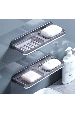 Gri Çift Izgaralı Sabunluk Şampuan Saklama Mutfak Banyo Süngerlik Gri