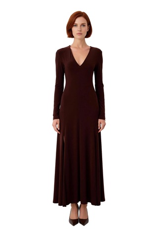 Ersefa Kadın V Yaka Bodycon Kesim Uzun Kollu Maxi Boy Yırtmaç Detaylı Dü Kahverengi