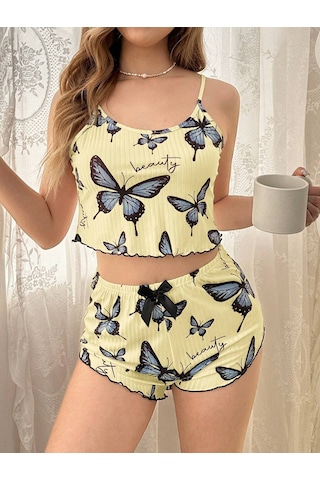 Melonika Kadın Sarı Kelebek Desenli Askılı Şortlu Ribana Pijama Takımı,rahat Ve Şık Ev Giyim,kadın Pijama Çok Renkli