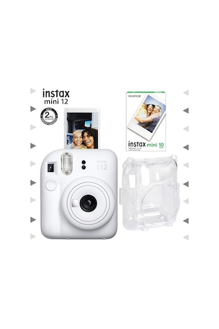 Fujifilm Instax Mini 12 Fotoğraf Makinesi + 10'lu Film + Şeffaf Kılıf Seti Beyaz