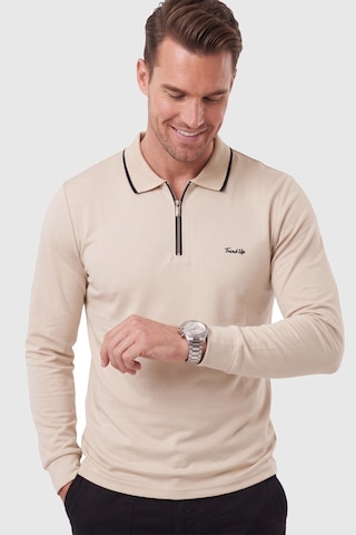 Deepsea Erkek Slim Fit Tüylenmeyen Fermuarlı Polo Yaka Bej Sweatshirt Yumuşak Dokulu Sweat 2708517