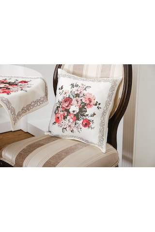 Finezza Gardenya Baskılı Kumaş Kreme Çiçekli Kırlent Kılıfı 45x45 cm - 1440