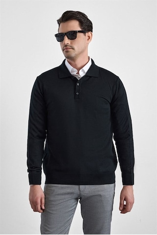 Süvari Siyah Regular Düz Fermuarlı Polo Yaka Kazak Tr2013700484-s09