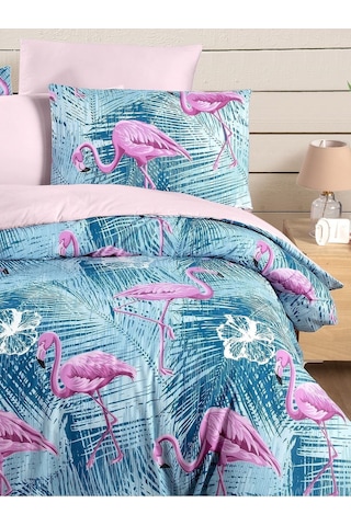 Mystory Home Lastikli Çarşaflı Çift Kişilik Nevresim Takımı Flamingo Mor - Pembe