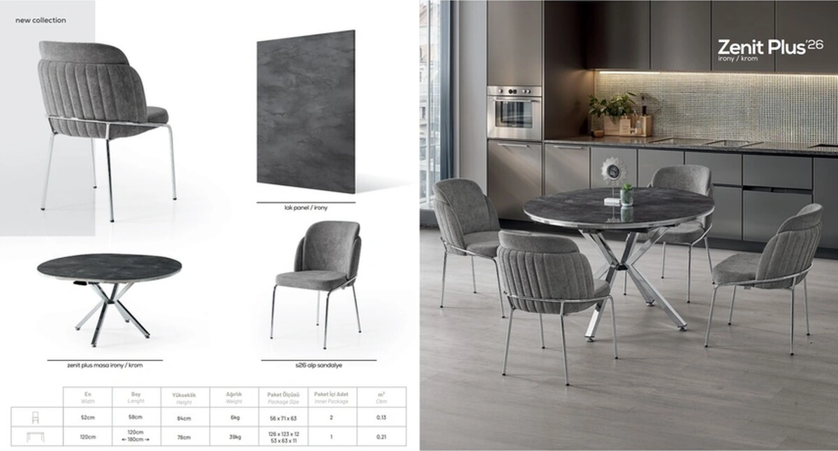 Dengema Zenit Plus Açılır Yuvarlak Masa Takımı Siyah Mermer Krom Ayak Ø120 160 Cm, 4 Sandalye Siyah Mermer - Krom Ayak