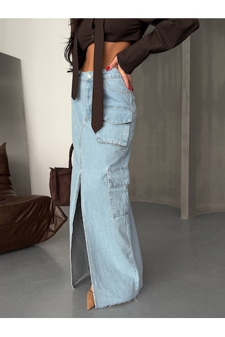 Ön Yırtmaçlı Cepli Uzun Denim Etek ÇoK Renkli