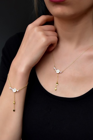 Papatya Silver 925 Ayar Gümüş Gold Kaplama Zincir Sallantılı Taşlı Sedef Manolya Çiçeği Kolye ve Bileklik Set