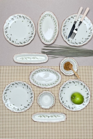 Tabak Evi Stoneware Flower Green Kahvaltı Takımı 6 Kişilik 14 Prç Beyaz - Yeşil