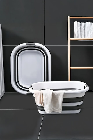 İronika Silikon Katlanabilir Çamaşır Sepeti Akordiyon Çok Amaçlı Sepet 25lt Gri Gri