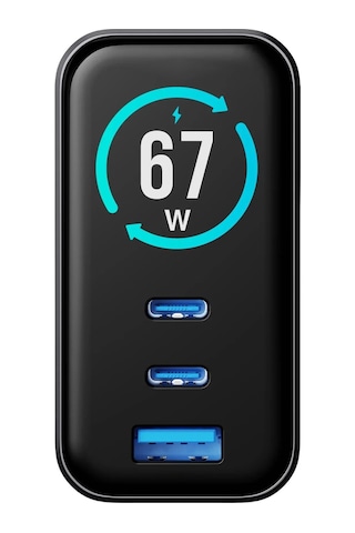 Welio W'more Wcg67 3'ü 1 Arada Tft Ekranlı 67w Gan Şarj Cihazı Hızlı Şarj Usb-c 3 Portlu Laptop Gan Pd 3.1 Evrensel Şarj Cihazı 3-ın-1 67w Siyah