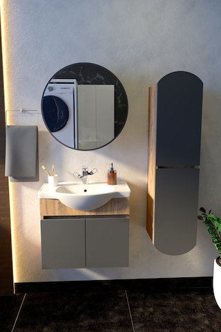 Erciyes 65 Cm Mdf Banyo Dolabı Seramik Lavabolu Oval Aynalı Havlu Dolaplı Modern Banyo Dolabı Atlantik-atrasit Gri