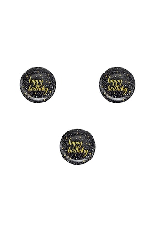 Roll-up Doğum Günü Işıltılı Siyah Happy Bithday Yazılı Karton Tabak - 22 Cm. - 8 Adetlik 3 Paket Pembe