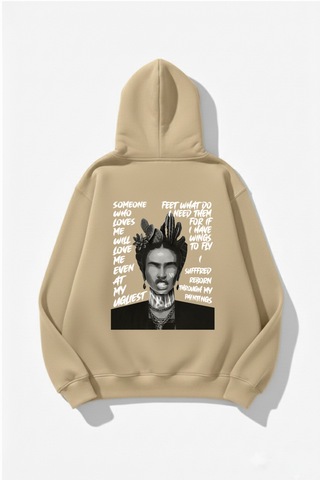 Uyguntarz Unisex Yumuşak Dokulu Frida Kahlo Viva La Vida Baskılı Tasarım Oversize 3 İplik Hoodie Sweatshirt Bej