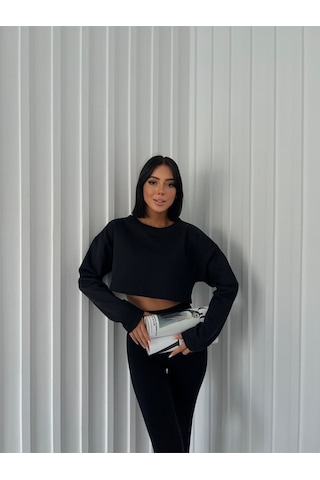Siyah Crop Bisiklet Yaka Sweatshirt Siyah