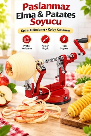 Paslanmaz Çelik Spiral Elma Patates Soyucu Dilimleme Makinesi Vantuzlu Dilimleyici Slicer Kırmızı