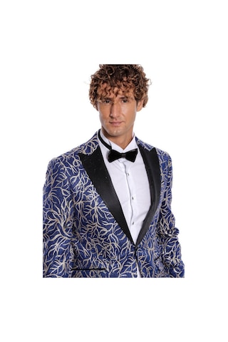 Wessi Işıltılı Sarmaşık Desenli Slim Fit Mavi Erkek Smokin Ceket Mavi