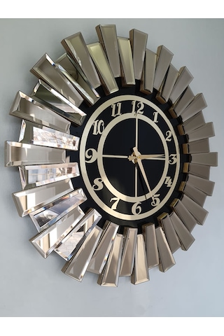 Ayna Denizi Güneş Twins Bronze Black Model Altın Siyah Renk 70 cm Dekoratif Aynalı Duvar Saati Altın - Siyah