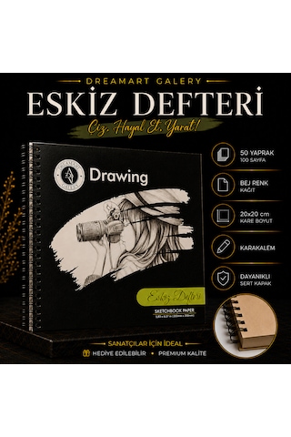 Dreamartgalery Eskiz Defteri 50 Yaprak Bej Kağıt Spiralli Sert Kapaklı Çizim Defteri 20x20 Cm