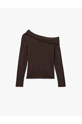 Koton Slim Fit Uzun Kollu Omzu Açık Tişört Kahverengi 6wal10464ık Kahve