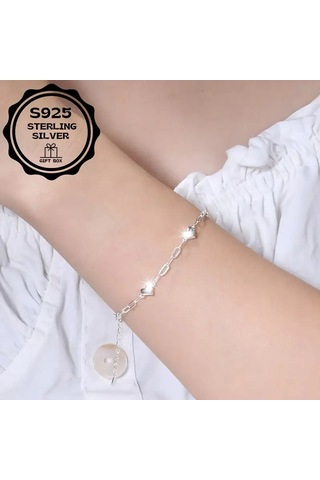 Heart Chain 925 Ayar Sade Şık Zincir Kalpli Gümüş Bileklik Çok Renkli