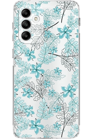Samsung Galaxy Uyumlu M13 Kamera Korumalı Kapak Floral Su Yeşili Tasarımlı Şeffaf Kılıf