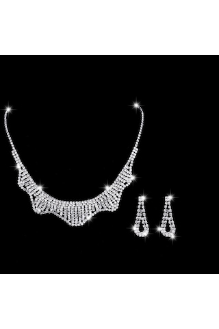 Ehediye Chavin Düğün Nişan Kına Damla Taşlı Kadın Kolye Küpe Set Eg90 Beyaz