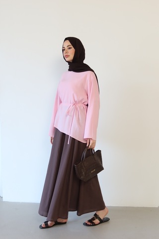 Moonsc Kadın Asimetrik Kesim Bel Bağlamalı Modal Tesettür Tunik Pembe