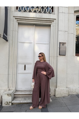 Bonacosa Kadın Viskon 3 Lü Takım Kimono + Beli Lastikli Salaş Pantolon + Sıfır Kol Kolsuz 8 Renk Kahverengi