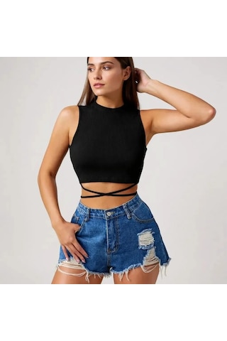 LUXSTOREE Kadın Siyah Çapraz Bağlamalı Crop Top Büstiyer Modern Ve Şık Tasarım Çok Renkli