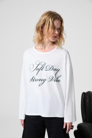 Grımelange Dazulu Kadın Yumuşak Kumaşlı Baskılı Uzun Kollu Beyaz T-shirt Beyaz