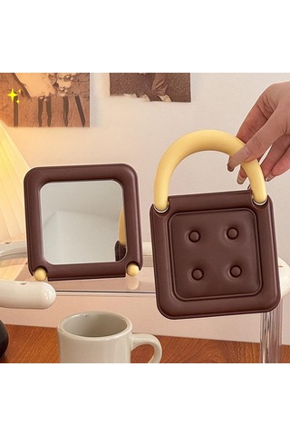 Sevimli Çikolata Kare Ayna Çift Taraflı Katlanır Kompakt Ayna Çanta İçin Makyaj Aynası Taşınabilir Mini Ayna Masaüstü Dekoru Kahverengi