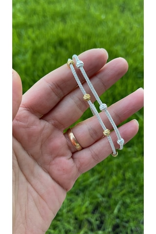 Kazzaze Dorika Boncuk Detaylı İki Zincirli Gümüş Bileklik BIL082