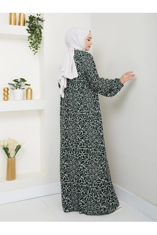Desenli Önü Büzgülü Viskon Elbise - Haki / E0131 Haki