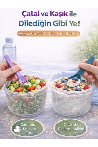 Beylini 3 Lü Set Taşınabilir Kaşık+çatal Kapaklı Yoğurt Müsli Granola Yemek Diyet Saklama Kabı Take And Go Bardak Kahvaltı Salata Hazırla Çık Çok renkli