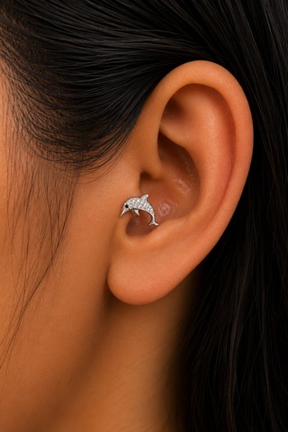 Sertifikalı 316l Çelik Taşlı Yunus Figürlü Premium Gümüş Renk Tragus Ve Helix Piercing