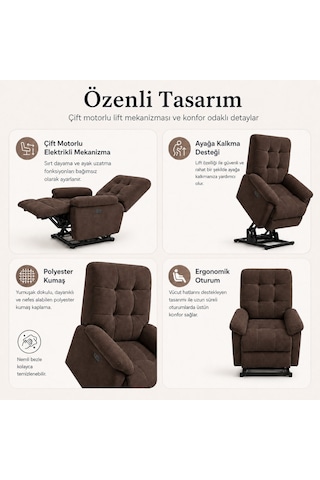 Smarto Relax Porto Liftli Çift Motorlu Elektrikli Ayağa Kalkma Destekli Polyester Hasta Ve Baba Tv Koltuğu Kahverengi