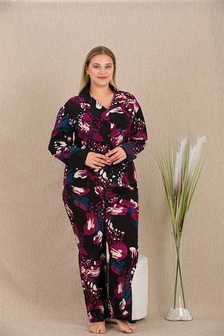 Angbutik Büyük Beden Renkli Desenli Düğmeli Uzun Kol Viskon Pijama Takımı Görsel