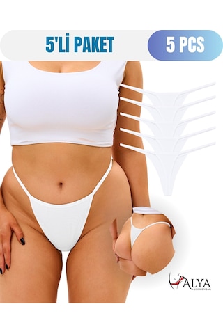 Alya Underwear Kadın Ipli Tanga Külotlar - 5 Li Paket Sarı, Mor, Mint, Somon,mavi 1301p Beyaz P05