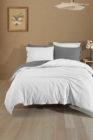 Çift Kişilik Pamuklu Çizgili Nevresim Takımı Düğmeli Model 200 X 220 Cm Antrasit