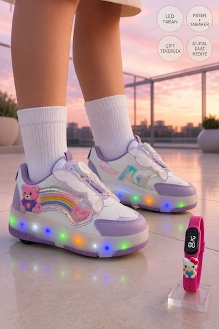 Muggo Colourful Çocuk Işıklı Patenli Tekerlekli Sneaker Spor Ayakkabı Lila