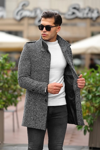 Erkek Dar Kesim Dik Yaka Uzun Açık Desenli Kaşe Kaban Gri - Siyah