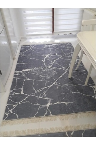 Gri Kaymaz Tabanlı Yıkanabilir Halı Kilim Yolluk Dijital Ba... Gri - Beyaz